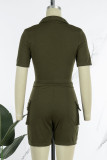 Армейский зеленый повседневный сплошной бинт в стиле пэчворк карман с пряжкой отложной воротник короткий рукав из двух частей