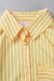 Camisa casual listrada patchwork amarela gola manga longa duas peças