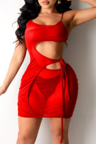 Roter, sexy, fester Verband, ausgehöhltes, durchsichtiges, rückenfreies, ärmelloses Kleid mit Spaghettiträgern
