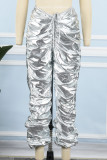 Zilver Casual Solid Fold Regular Mid Waist Conventionele effen kleur broek