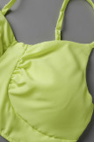Флуоресцентно-зеленый повседневный сплошной пэчворк с отложным воротником и пряжкой с короткими рукавами из двух частей
