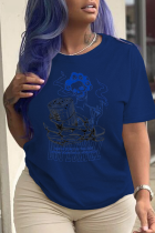 T-shirts bleu marine Street Simplicity Print Skull Patchwork O Neck