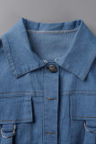 Blue Casual Solid Patchwork Pocket Buckle Turndown Collar Short Sleeve Two Pieces