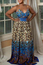 Синее сексуальное платье с принтом в стиле пэчворк и разрезом на тонких бретельках Платья