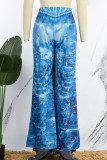 Pantalones casuales azules con estampado de patchwork rasgado de cintura alta rectos con estampado completo