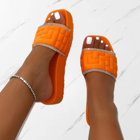 Zapatos cómodos cuadrados de diamantes de imitación de color sólido de patchwork casual naranja