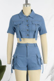 Blue Casual Solid Patchwork Pocket Buckle Turndown Collar Short Sleeve Two Pieces