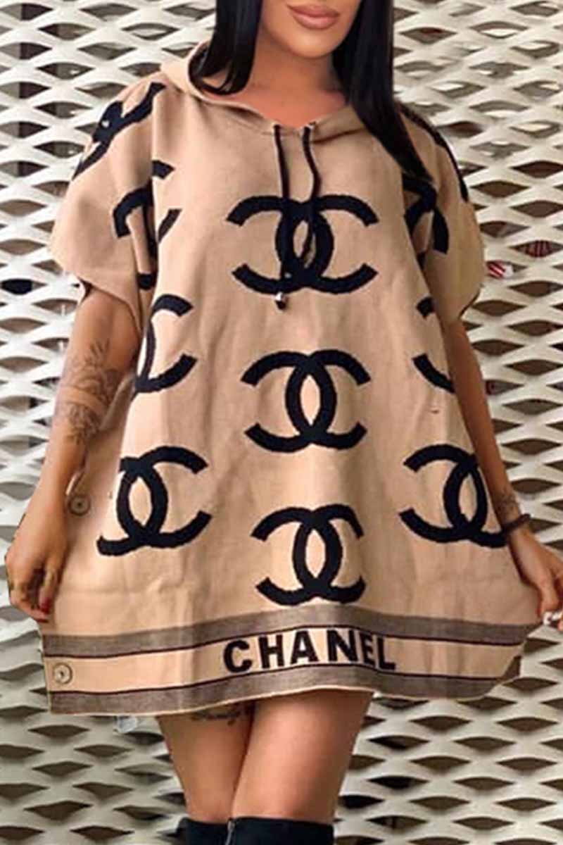 

Khaki Casual Print Letter Hooded Collar Straight Dresses