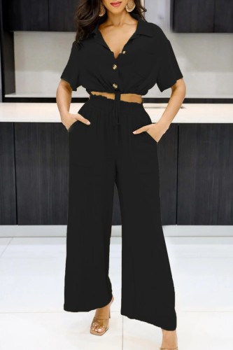Black Casual Solid Frenulum Turndown Collar Short Sleeve Two Pieces