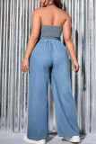 Blue Casual Solid Patchwork Fold Halter Straight Jumpsuits