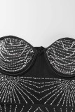 Svart Sexig Patchwork Hot Drilling Genomskinlig V-hals långärmade klänningar