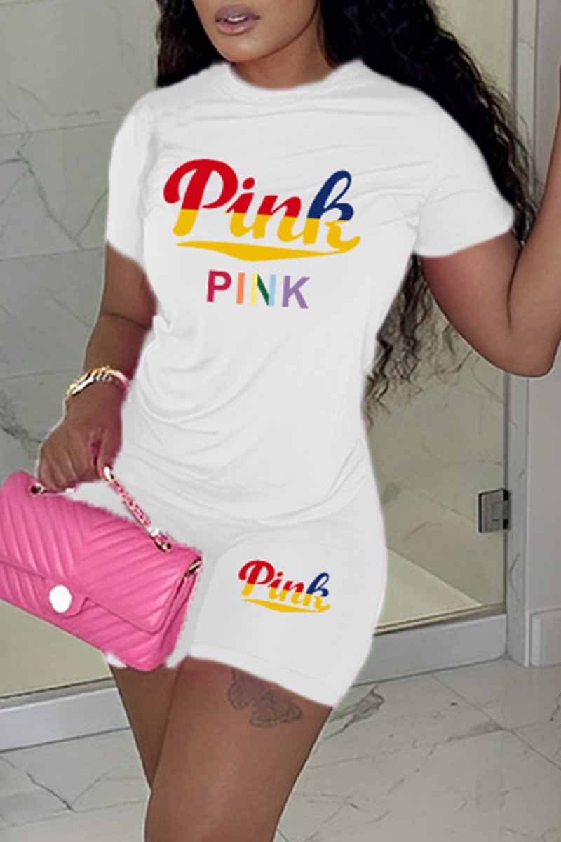 

White Casual Print Letter O Neck Short Sleeve Two Pieces