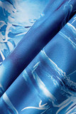 Azul casual impressão patchwork rasgado cintura alta reta impressão completa