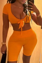 Orange Sexy Solid Frenulum V-Ausschnitt Kurzarm Zweiteiler