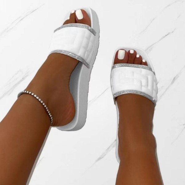 Zapatos cómodos cuadrados de diamantes de imitación de color sólido de patchwork casual blanco