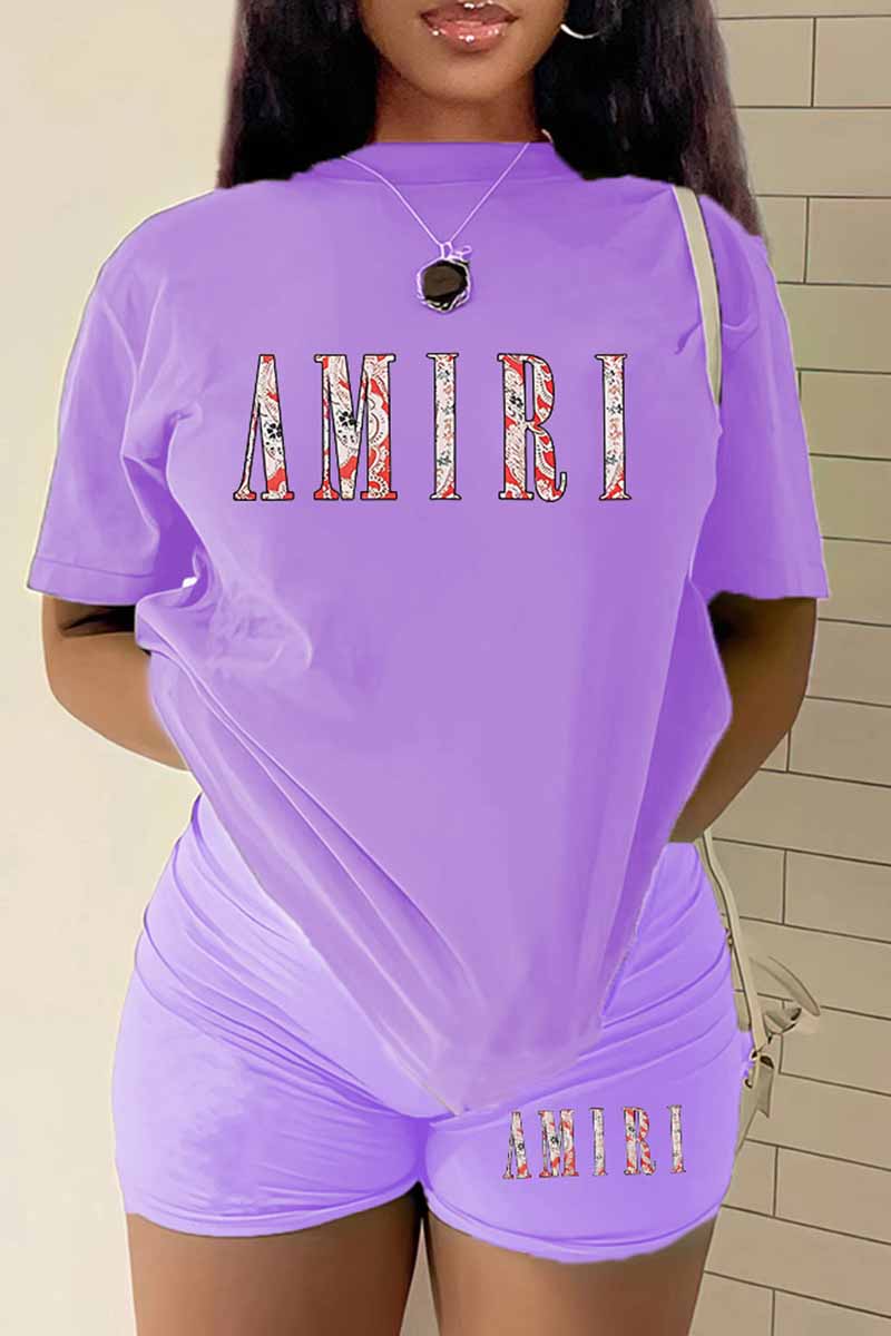 

Purple Casual Print Letter O Neck Short Sleeve Two Pieces