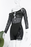 Black Sexy Solid Hollowed Out Patchwork See-through Pearl Oblique Collar Skinny Rompers