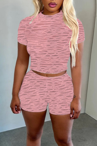 Pink Sexy Solid Patchwork See-through O Neck Short Sleeve Two Pieces