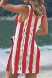 Red Blue Sexy Striped Flag Star Print Hollowed Out Patchwork Cover Up Swimwears
