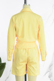 Colletto della camicia patchwork con stampa a righe casual giallo a maniche lunghe in due pezzi