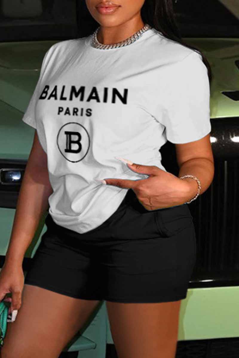 

White Casual Print Letter O Neck Short Sleeve Two Pieces