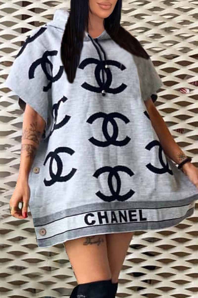 Grey Casual Print Letter Hooded Collar Straight Dresses