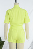 Fluorescent Green Casual Solid Patchwork Buckle Turndown Collar Short Sleeve Two Pieces