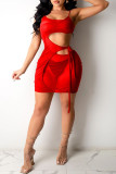 Röd sexig solid bandage urholkat genomskinlig rygglös spaghettirem Ärmlös klänning