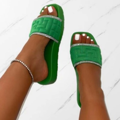 Chaussures confortables carrées en strass de couleur unie décontractées vertes