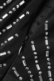 黒のセクシーなパッチワークホットドリルシースルーVネック長袖ドレス