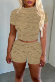 Khaki Sexy Solid Patchwork See-through O Neck Short Sleeve Two Pieces