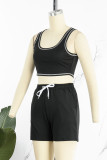 Black Casual Solid Patchwork U Neck Two Pieces Tank Crop Tops And Short Sets