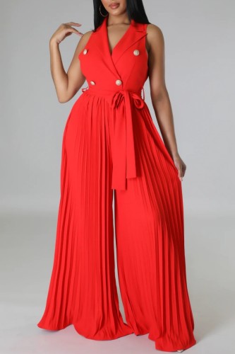 Red Casual Solid Patchwork Frenulum V Neck Regular Jumpsuits