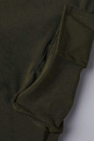 アーミーグリーン カジュアル 無地 包帯 パッチワーク ポケットバックル ターンダウンカラー 半袖 ツーピース