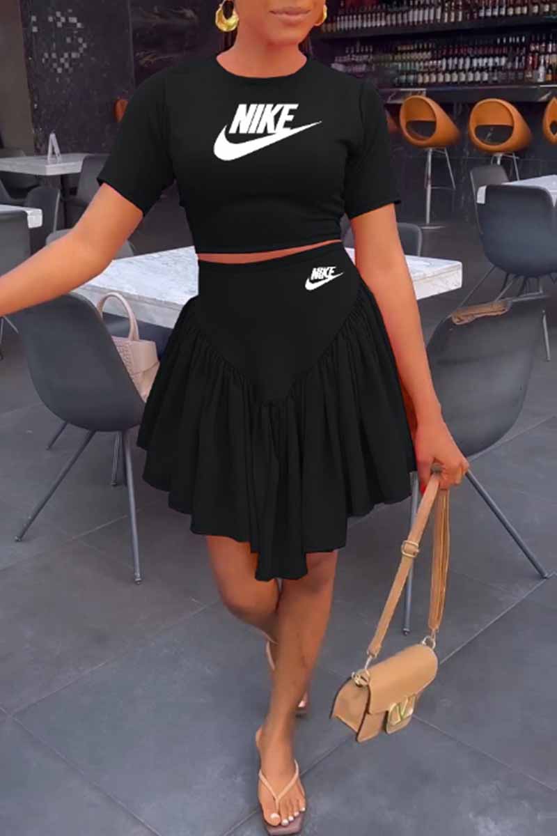 

Black Elegant Print Fold Letter O Neck Short Sleeve Two Pieces
