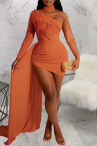 Tangerine Red Sexy Solid Patchwork Feathers Asymmetrical Oblique Collar Pencil Skirt Dresses