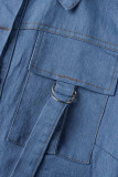 Blu casual tinta unita patchwork tasca fibbia colletto rovesciato manica corta due pezzi