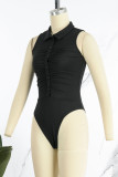 Preto sexy sólido retalhos fivela dobra turndown colarinho bodysuits magros