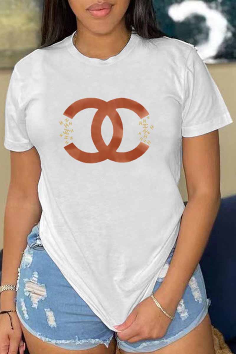 

White Casual Print Letter O Neck T-Shirts