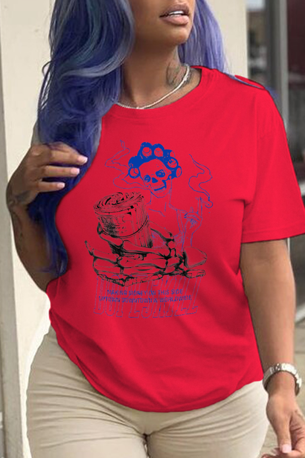 Red Street Simplicity Print Skull Patchwork T-shirts met O-hals