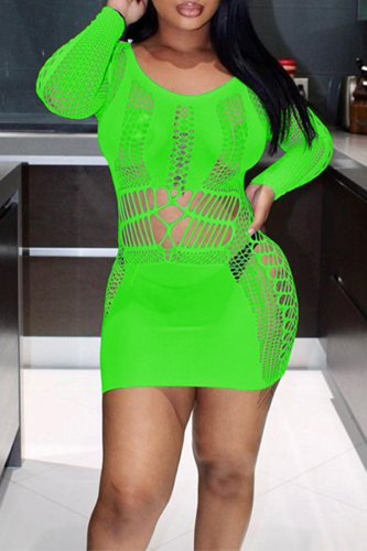 Green Sexy Solid See-through Mesh O Neck Pencil Skirt Dresses