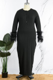 Vestidos pretos sexy de penas sólidas com decote em O e manga comprida