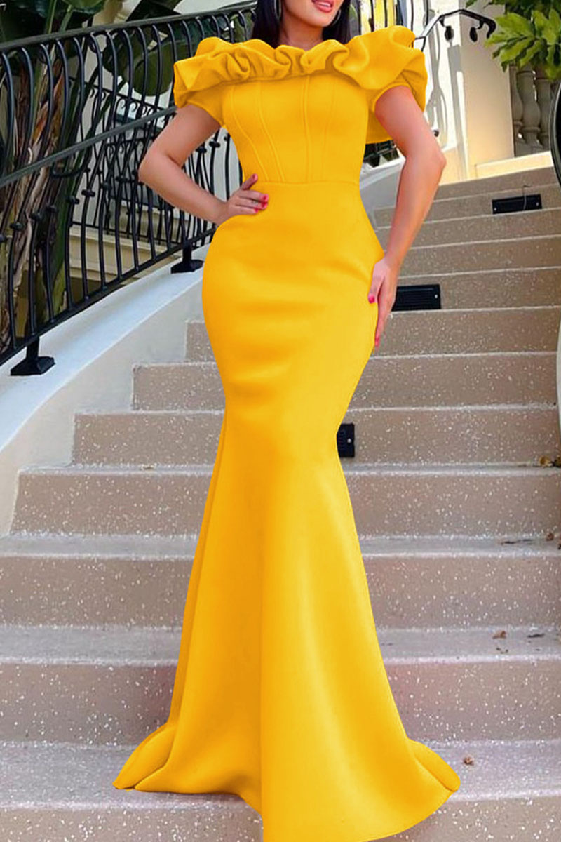 

Golden Yellow Casual Elegant Solid Patchwork Off the Shoulder Trumpet Mermaid Dresses