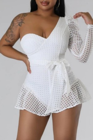 White Sexy Casual Solid Patchwork Backless One Shoulder Regular Romper