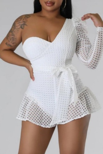 White Sexy Casual Solid Patchwork Backless One Shoulder Regular Romper