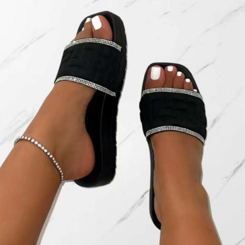 Black Casual Patchwork Solid Color Rhinestone Square Comfortable Shoes