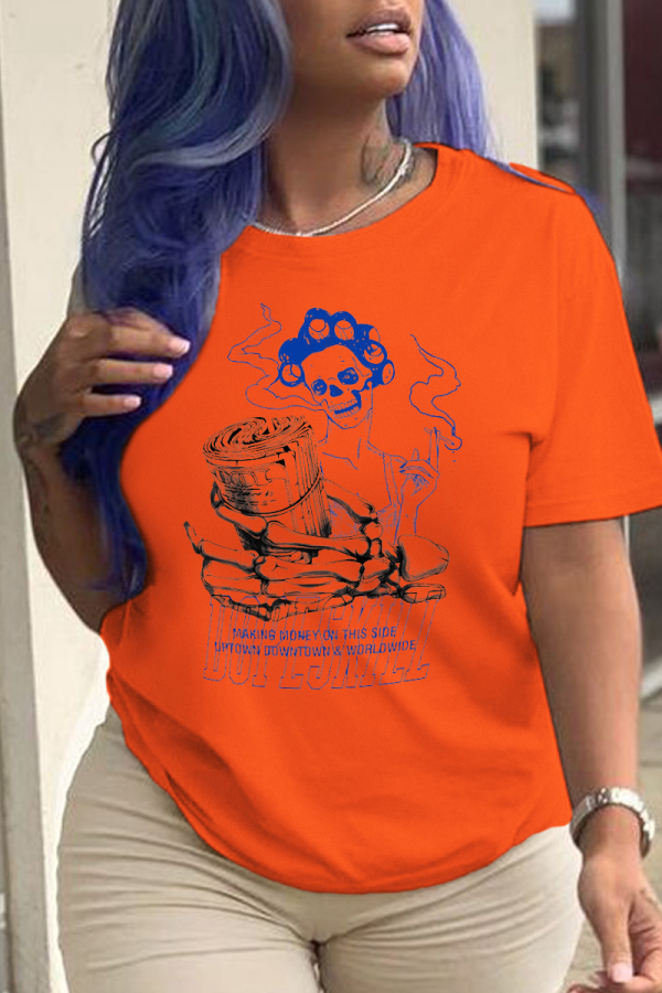 Camisetas com decote em O e estampa de caveira com estampa de simplicidade de rua laranja