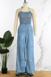 Blue Casual Solid Patchwork Fold Halter Straight Jumpsuits