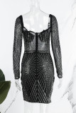 Vestidos de manga comprida preto sexy patchwork furação a quente transparente decote em V