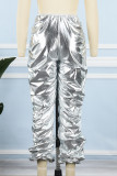 Pantalones plateados informales con pliegues sólidos regulares de cintura media de color sólido convencional